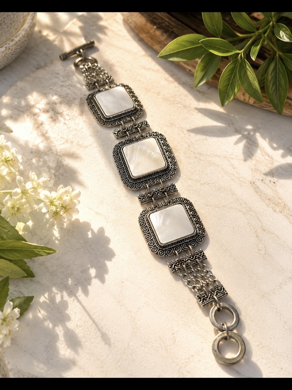 Silver  Tone Bracelet with White Mother-of-Pearl Panels